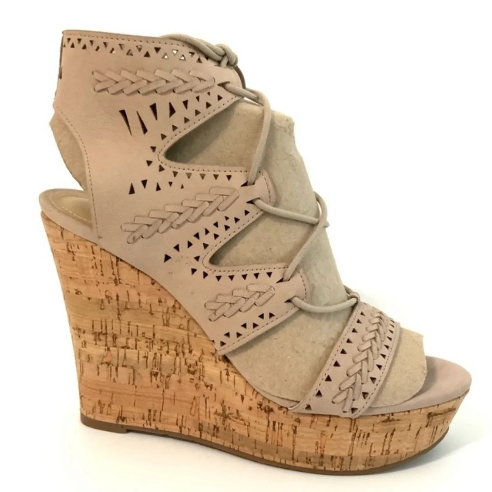 Marc Fisher Hosana Wedge Gladiator Sandals Taupe Leather Lace-Up Platform 10M